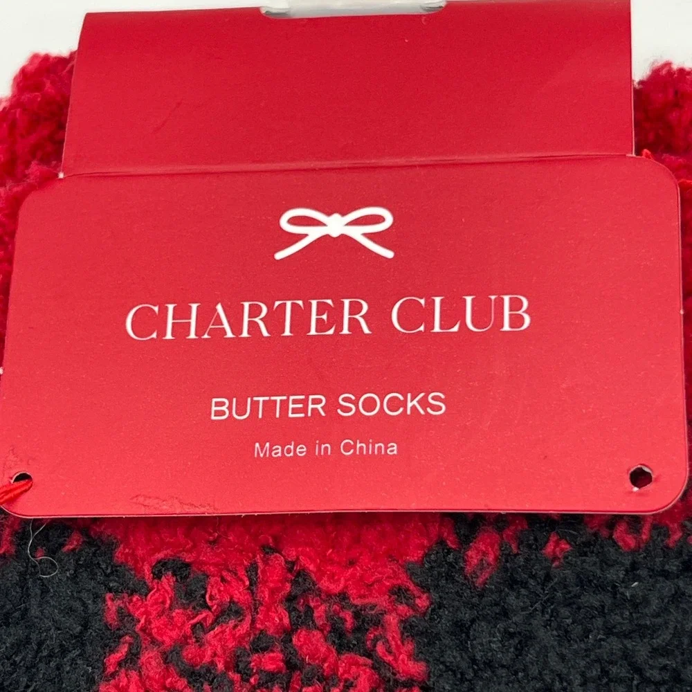 Charter Club Butter Socks Womens 9-11 Red Black Buffalo H Berry Plaid Fuzzy Cozy